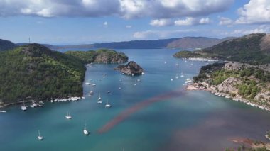 Aerial View of Kizkumu Beach and Sailboats in Marmaris, Turkey