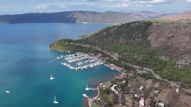 Aerial View of Kizkumu Beach and Sailboats in Marmaris, Turkey