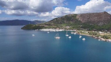 Aerial View of Kizkumu Beach and Sailboats in Marmaris, Turkey
