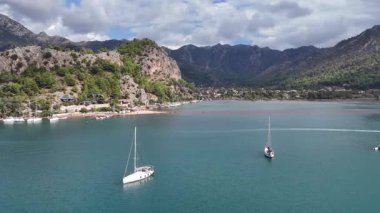 Aerial View of Kizkumu Beach and Sailboats in Marmaris, Turkey