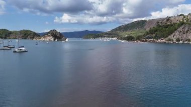 Aerial View of Kizkumu Beach and Sailboats in Marmaris, Turkey