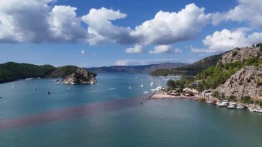Aerial View of Kizkumu Beach and Sailboats in Marmaris, Turkey