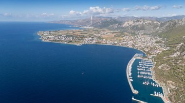 Aerial View of Oren Coastline and Marina in Milas, Turkey