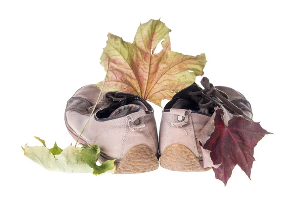 Old gym shoes and autumn leaves. — Stock Photo, Image