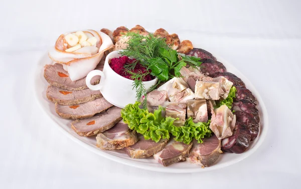 Delicious meat snacks platter. — Stock Photo, Image