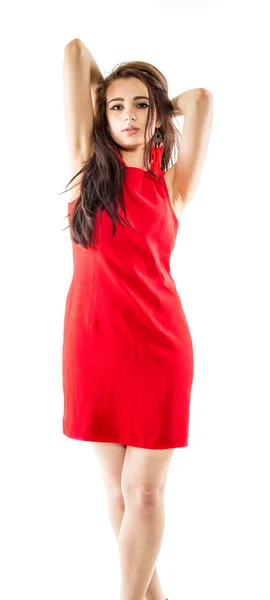 Hermosa modelo morena en vestido rojo . — Foto de Stock