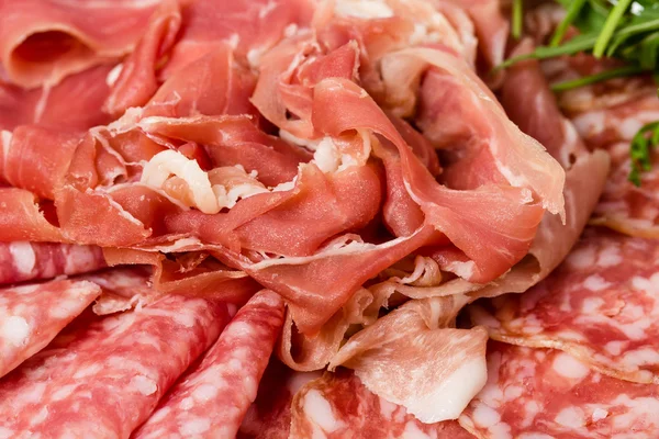 Closeup of prosciutto and salami italian platter. — Stock Photo, Image