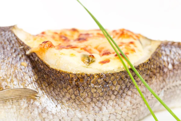 Baked sea bass with seafood and cheese. — Stock Photo, Image