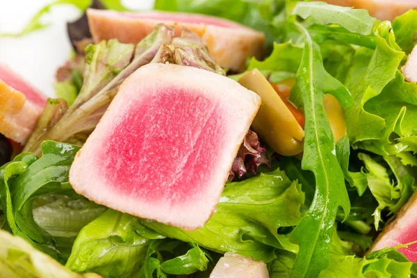 Grilled tuna fillet on fresh salad mix. — Stock Photo, Image