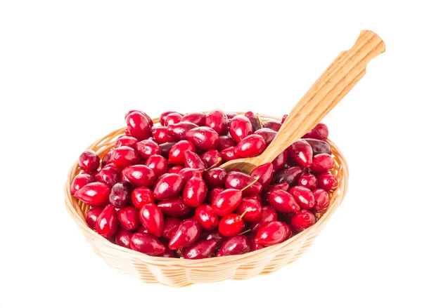 Ripe dogwood berries and wooden spoon. — Stock Photo, Image