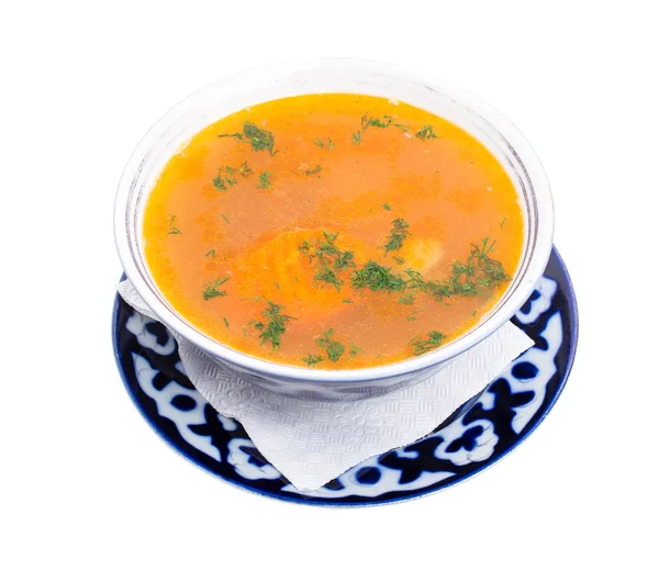 Traditional uzbek dumpling soup with sour cream. — Stock Photo, Image