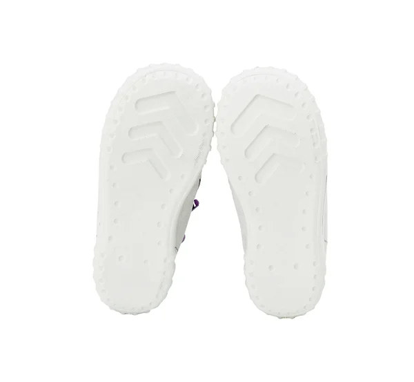 White leather sneakers with purple shoelace. — Stock Photo, Image