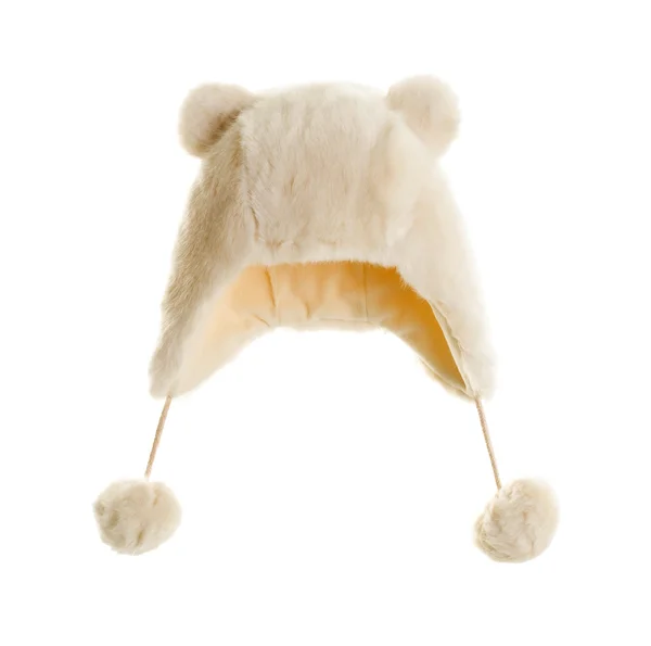 Capac de blană albă cu pompoane și urechi . — Fotografie, imagine de stoc