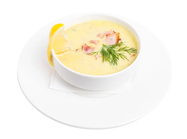 Clam chowred soup with roast bacon. — Stock Photo, Image