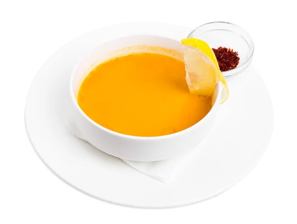 Lentil soup cream with lemon and paprika. — Stock Photo, Image
