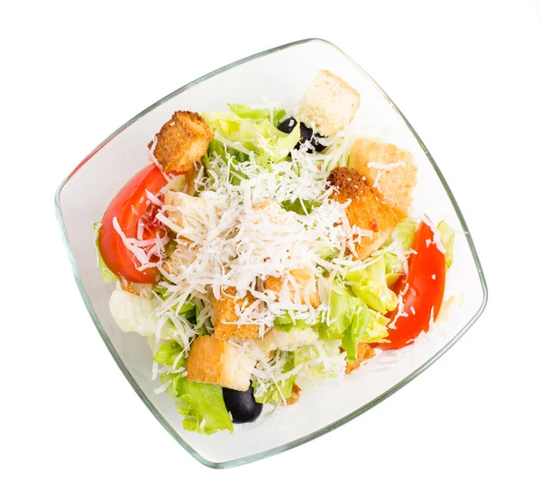 Delicious vegetable salad with croutons and cheese. — Stock Photo, Image