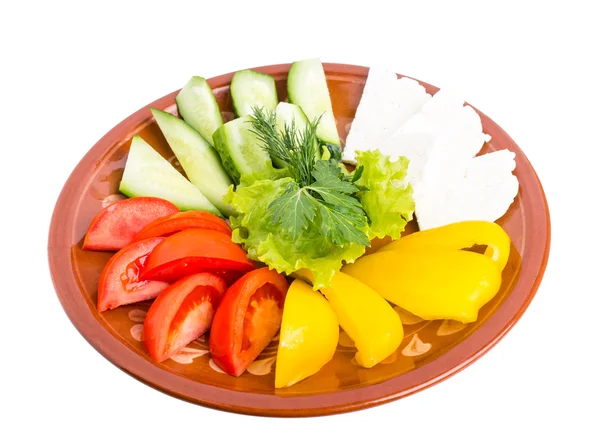 Fresh mixed vegetables and feta cheese platter. — Stock Photo, Image