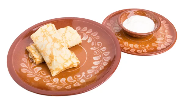 Russian pancakes with chicken fillet. — Stock Photo, Image