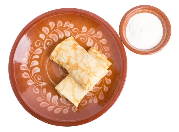 Russian pancakes with chicken fillet. — Stock Photo, Image