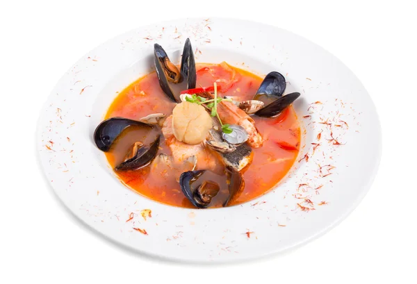 Sup makanan laut tomat pedas dengan kunyit . — Stok Foto