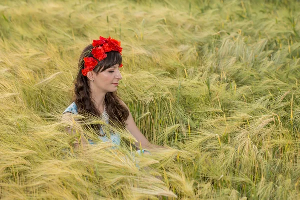 Beautiful brunette lady in wheat field. — Stock Photo, Image