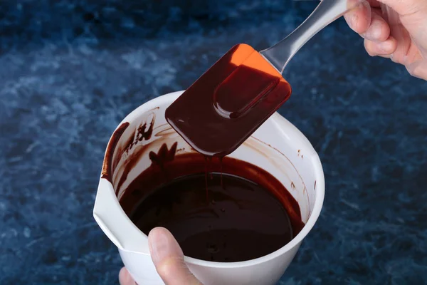 Stirring Hot Chocolate Silicone Spatula Process Takes Place White Bowl — Stock Photo, Image