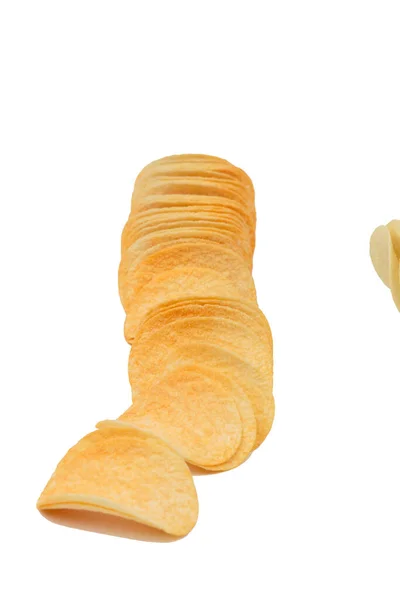 Hög Potatischips Isolerad Över Vit Bakgrund Närbild — Stockfoto