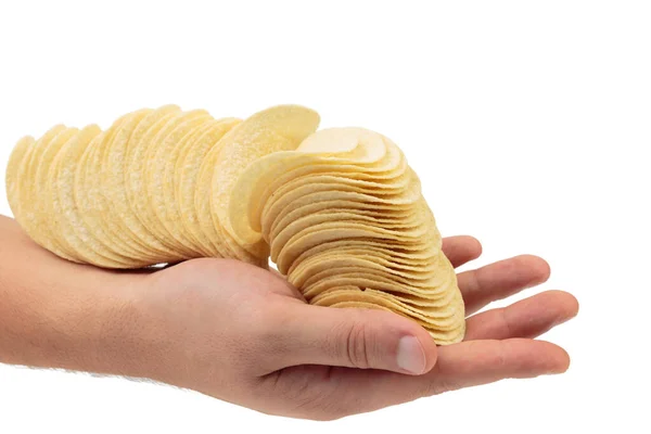 Human Hand Holds Fallen Stack Potato Chips Isolated White Background — Stock Photo, Image