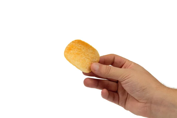Mão Tem Batatas Fritas Apetitosas Isolado Sobre Fundo Branco Close — Fotografia de Stock