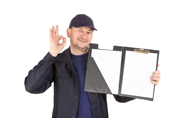 Worker with sign okey. — Stock Photo, Image