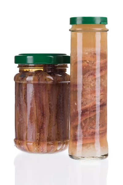 Jars of anchovy fillets — Stock Photo, Image