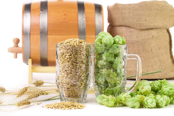 Fassbecher mit Hopfen — Stockfoto