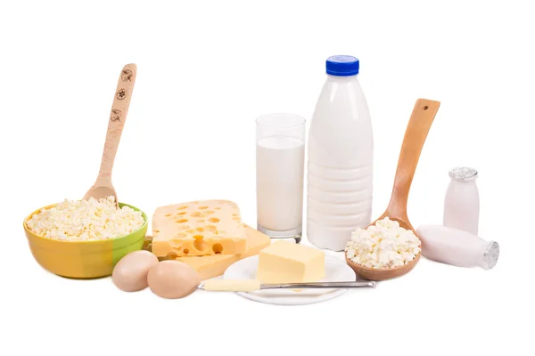 Dairy products and bread. — Stock Photo, Image