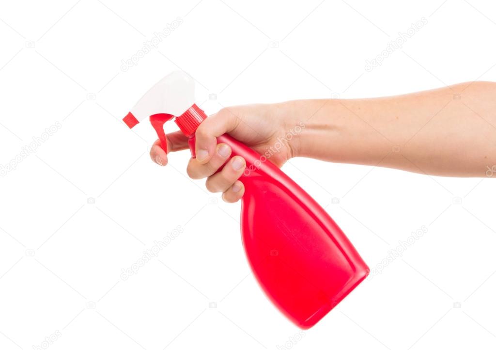 Hand holding spray bottle.