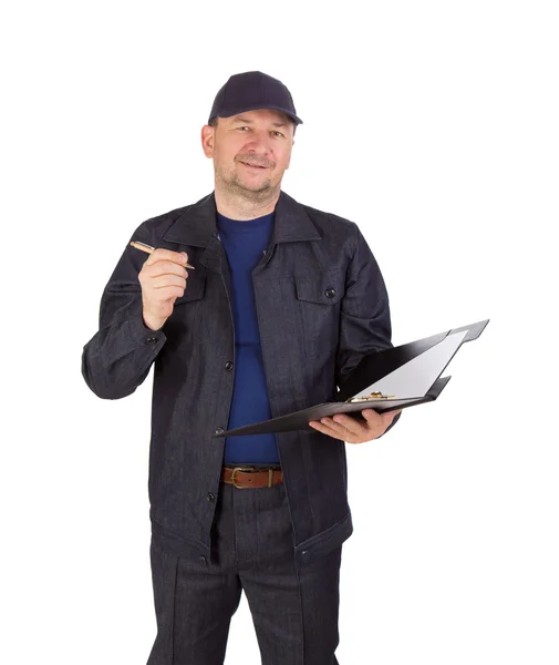 Trabajador en gorra con carpeta . — Foto de Stock