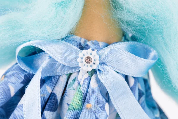 Close up of blue ribbon on toy rabbit. — Stock Photo, Image