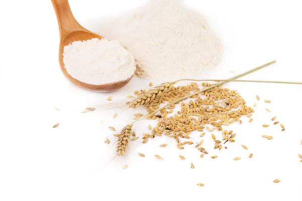 Flour wheat ear and wood spoon. — Stock Photo, Image