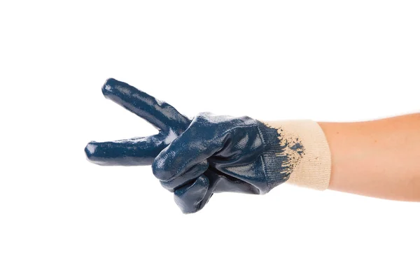 Hand toont twee in een blauwe rubberen handschoen. — Stockfoto