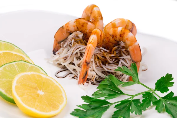 Tiger shrimps with pasta — Stock Photo, Image
