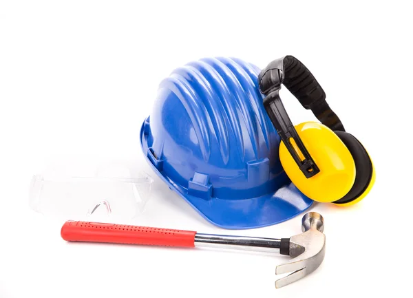 Μπλε σκληρό κεφάλι γάντια και εργαλεία — Stockfoto