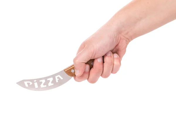 Hand hält Pizzamesser — Stockfoto