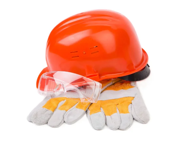 Red hard hat with gloves. — Stock Photo, Image