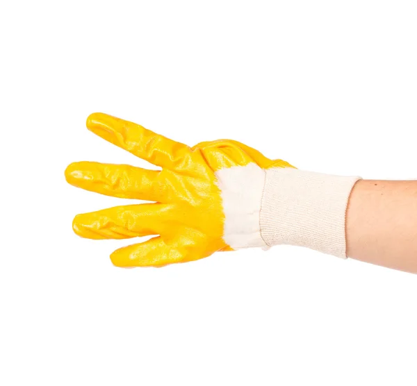 Hand in rubber glove showing four. — Stock Photo, Image