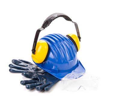 Mavi güvenlik kask kulaklık ile 