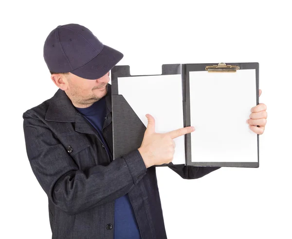 Man in cap with opened folder — Stock Photo, Image