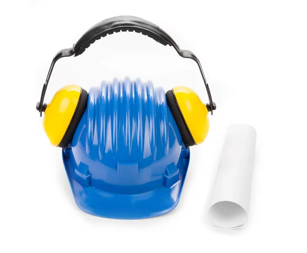 Blue safety helmet with earphones — Stock Photo, Image