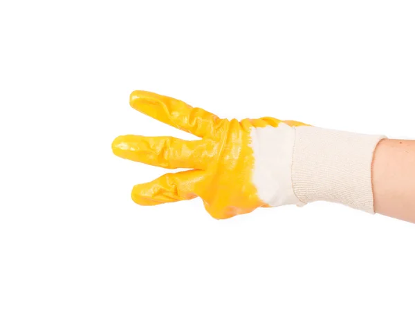 Hand in rubber glove showing three. — Stock Photo, Image