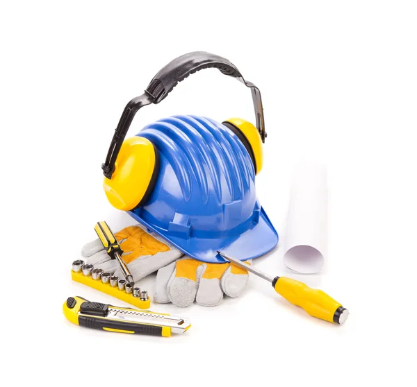 Blue safety helmet with earphones — Stock Photo, Image
