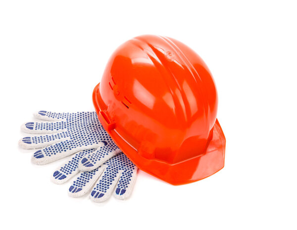 Red hard hat with leather gloves. 