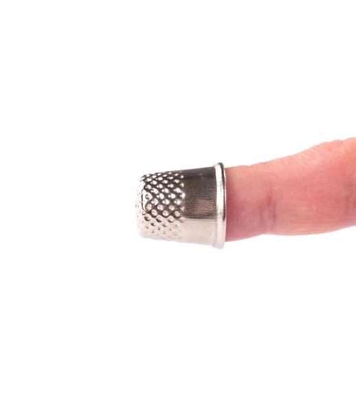 Protective thimble on  woman hand — Stock Photo, Image